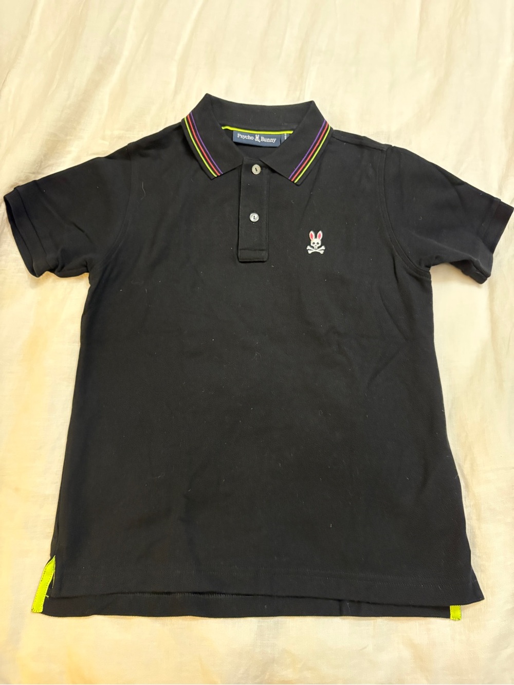 Psycho Bunny Kids Black Polo Shirt with Rainbow Trim. Boys 10-12